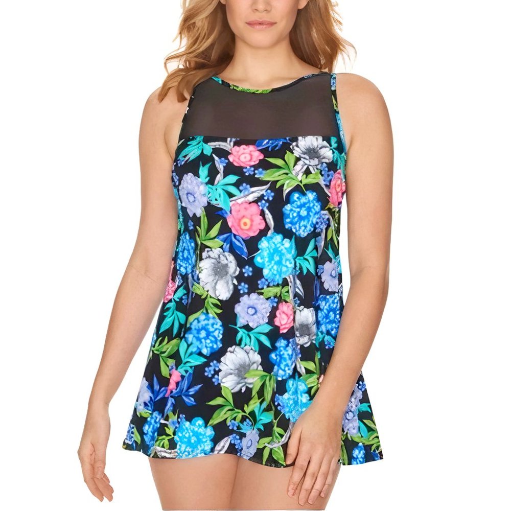 Swim Solutions Soft Blooms Mesh-Trim Swimdress 12